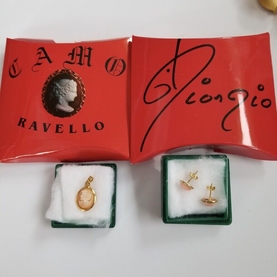 Vintage Cameo Museum Ravello Georgio Pierced Earrings Pendant Gold Pink New Box Ravello Georgio