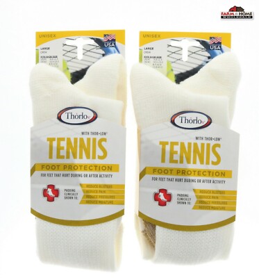 (2) Thorlo Padded Tennis Crew Socks White Large ~ New Thorlos Trail TX13