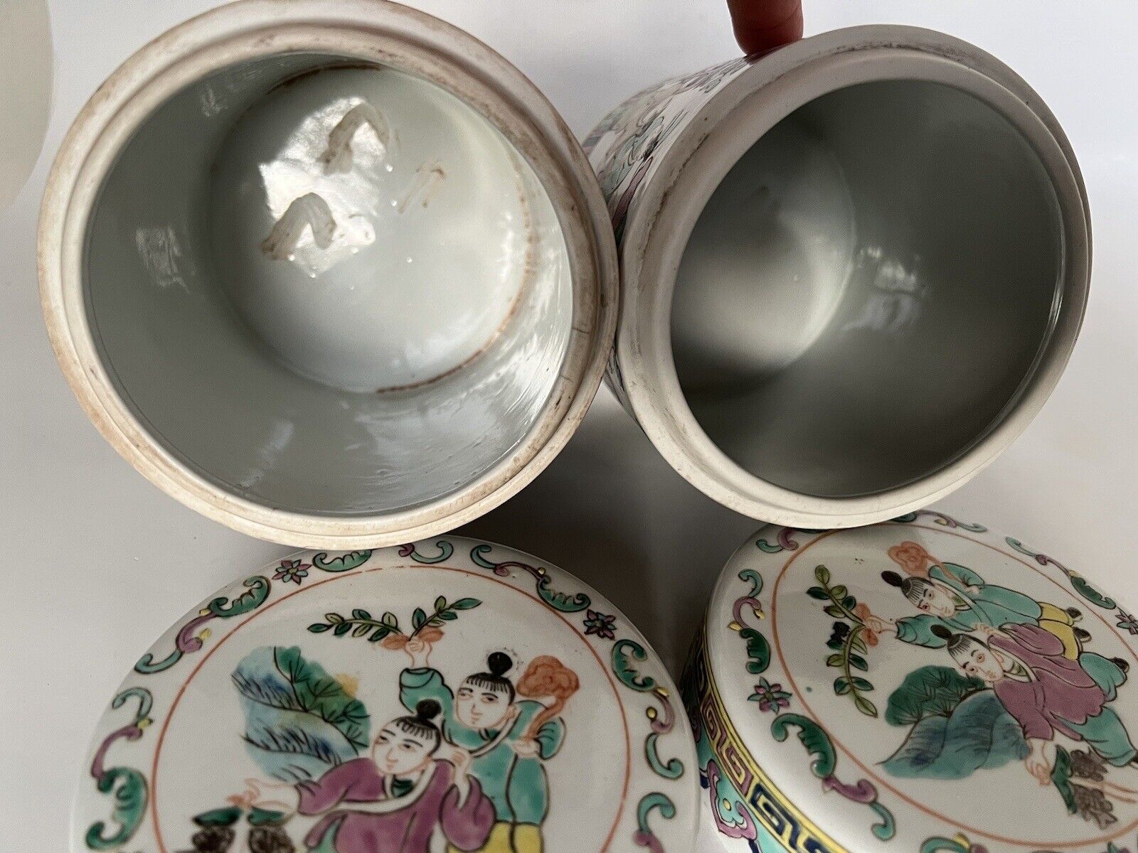 2 Antique Chinese Hand Paint Dragon Children Cylinder Hallmark Famille Jars 6" Без бренда - фотография #17