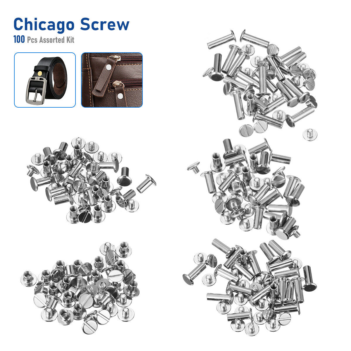 100 Pack Silvery Chicago Screws Metal Screw Posts Nail Rivet for Leather Crafts Unbranded - фотография #3