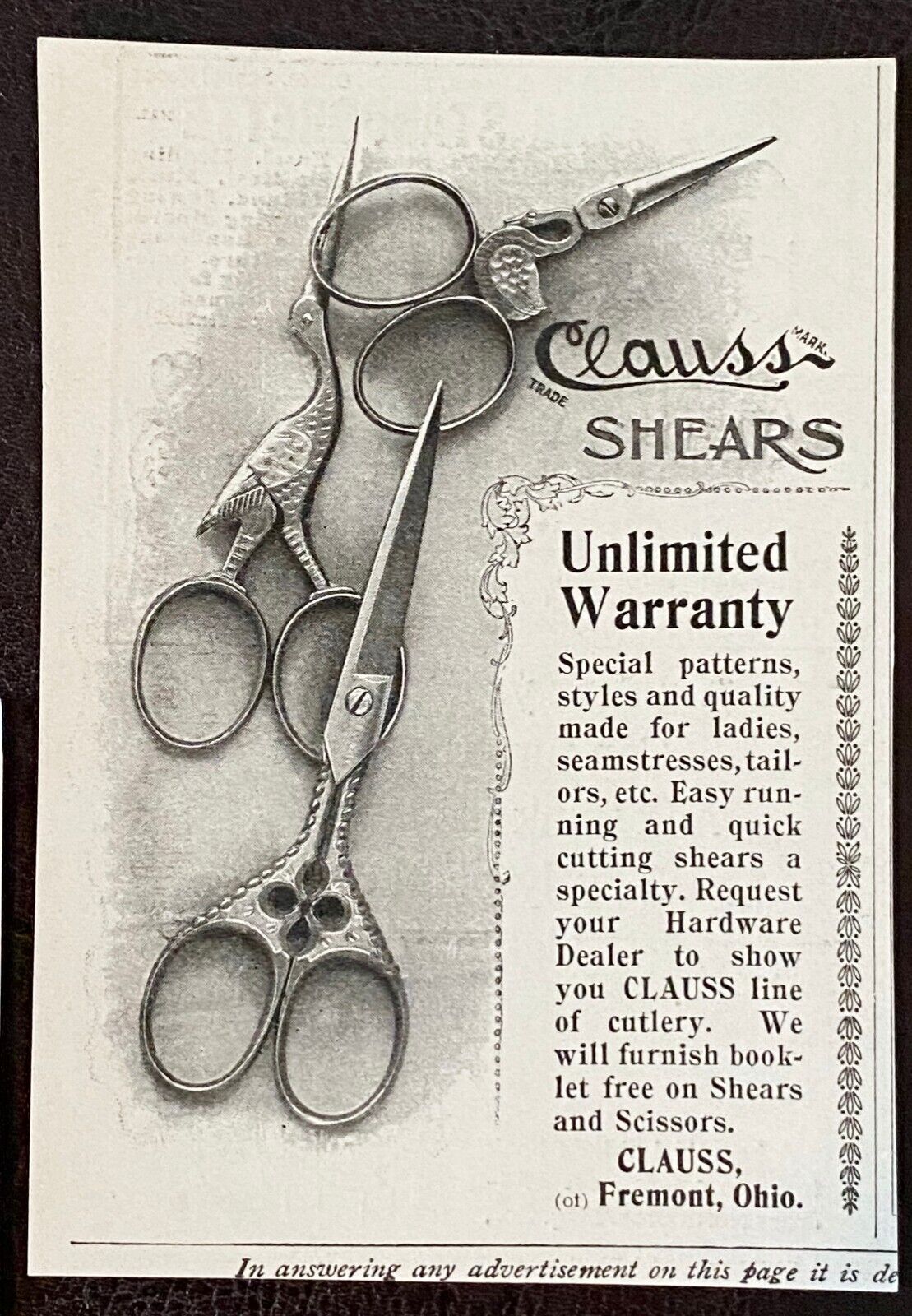 Antique 1890s CLAUSS SHEARS Vtg Sewing/Tailor Scissors Print Ad Lot~Fremont,Ohio Без бренда - фотография #3