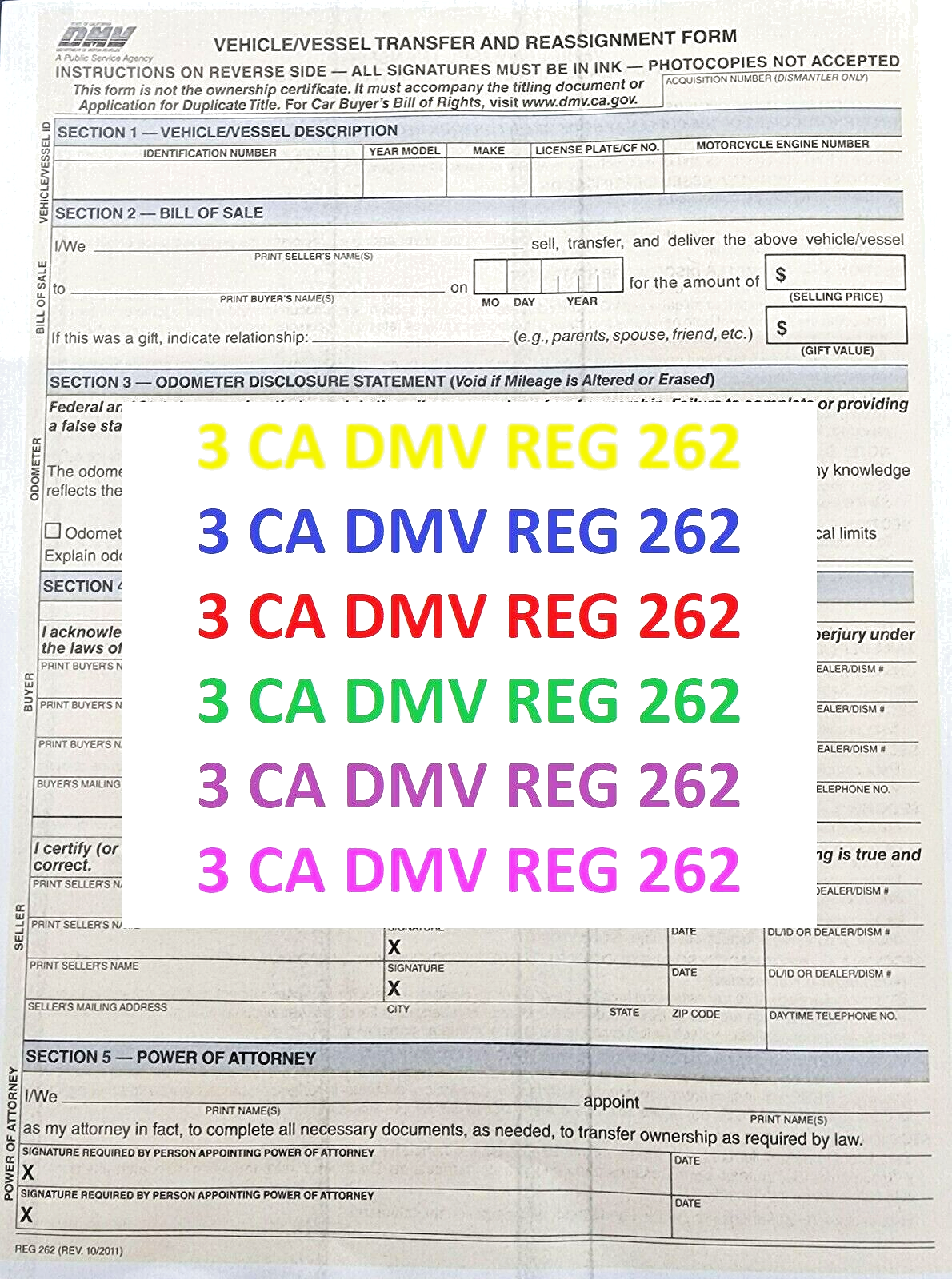 DMV REG 262 Form Pack Of 3 Vehicle / Vessel Transfer and Reassignment Form Без бренда