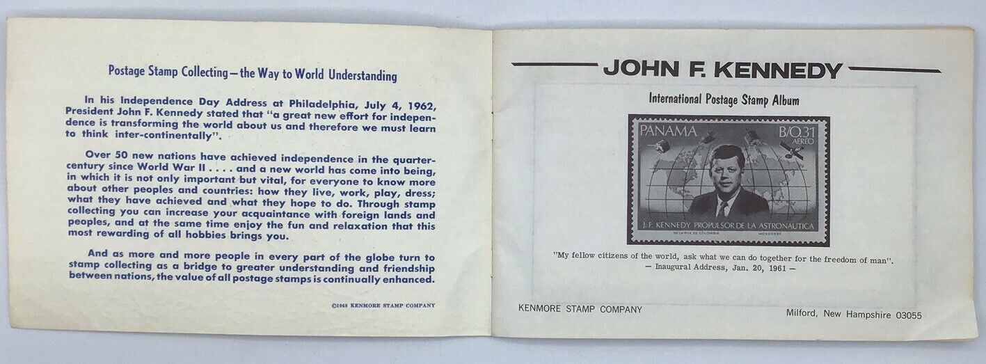 1974 J F Kennedy International Postage Stamp Album 83% full - 1st day JFK cover Kenmore Stamp Company - фотография #2