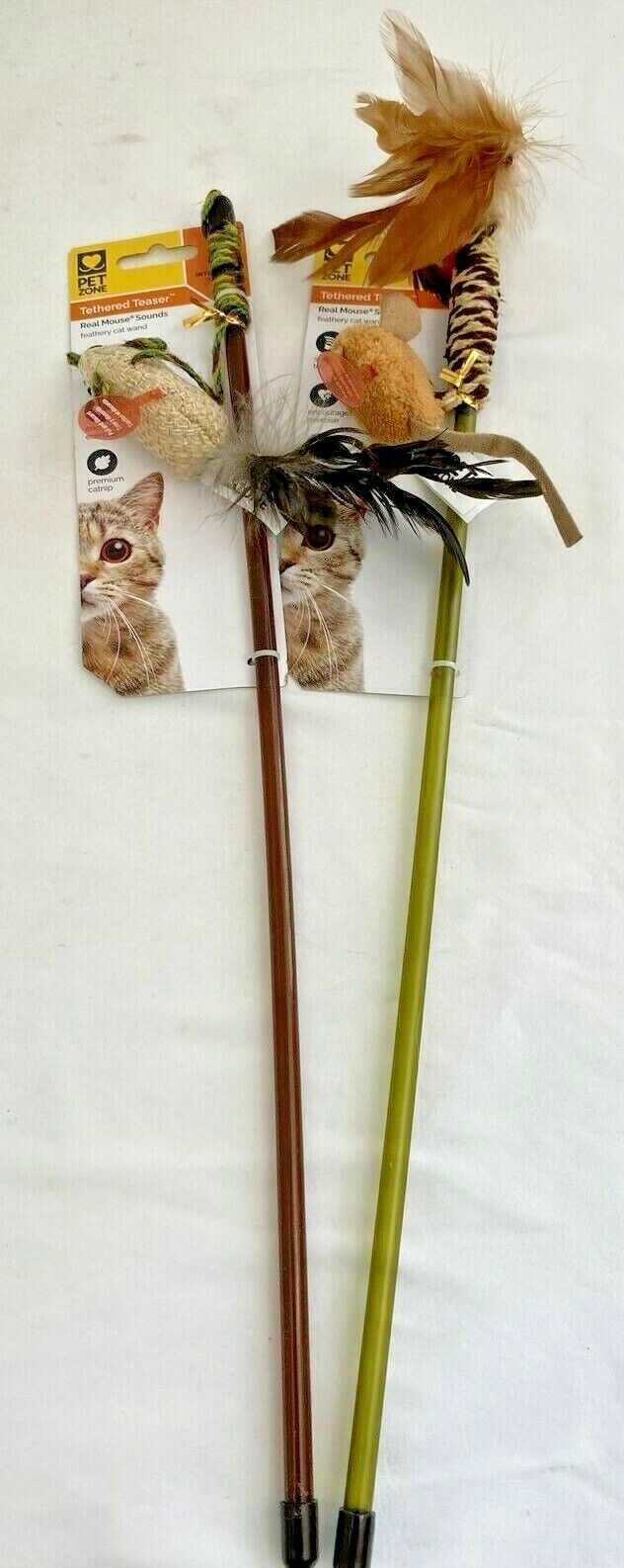 Lot of 2 Pet Zone Tethered Teaser Cat Wand Toy w/Feathers -Real Mouse Sound! Pet Zone- Cosmic Pet 12007