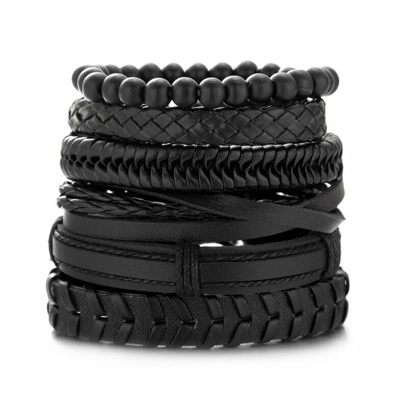 6pcs/set Multilayer Black Leather Bead Bracelet Men Women Wristband Bangle Gifts Rinhoo Does not apply