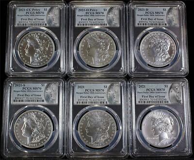 2021 6 Coin Silver Morgan/Peace Dollar 100thAnn Set PCGS MS70 First Day of Issue Без бренда
