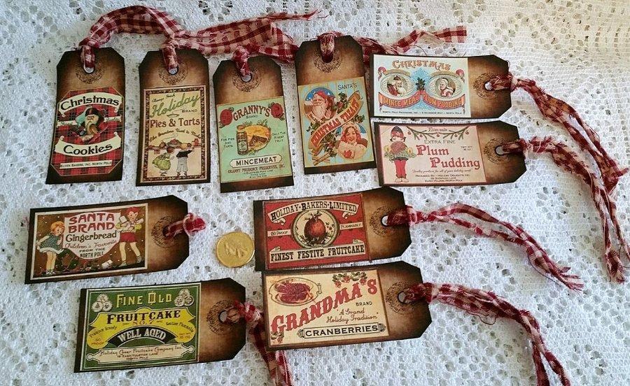 10~Christmas~Old World~Sweets~Primitive~Label~Linen Cardstock~Gift~Hang~Tags Без бренда