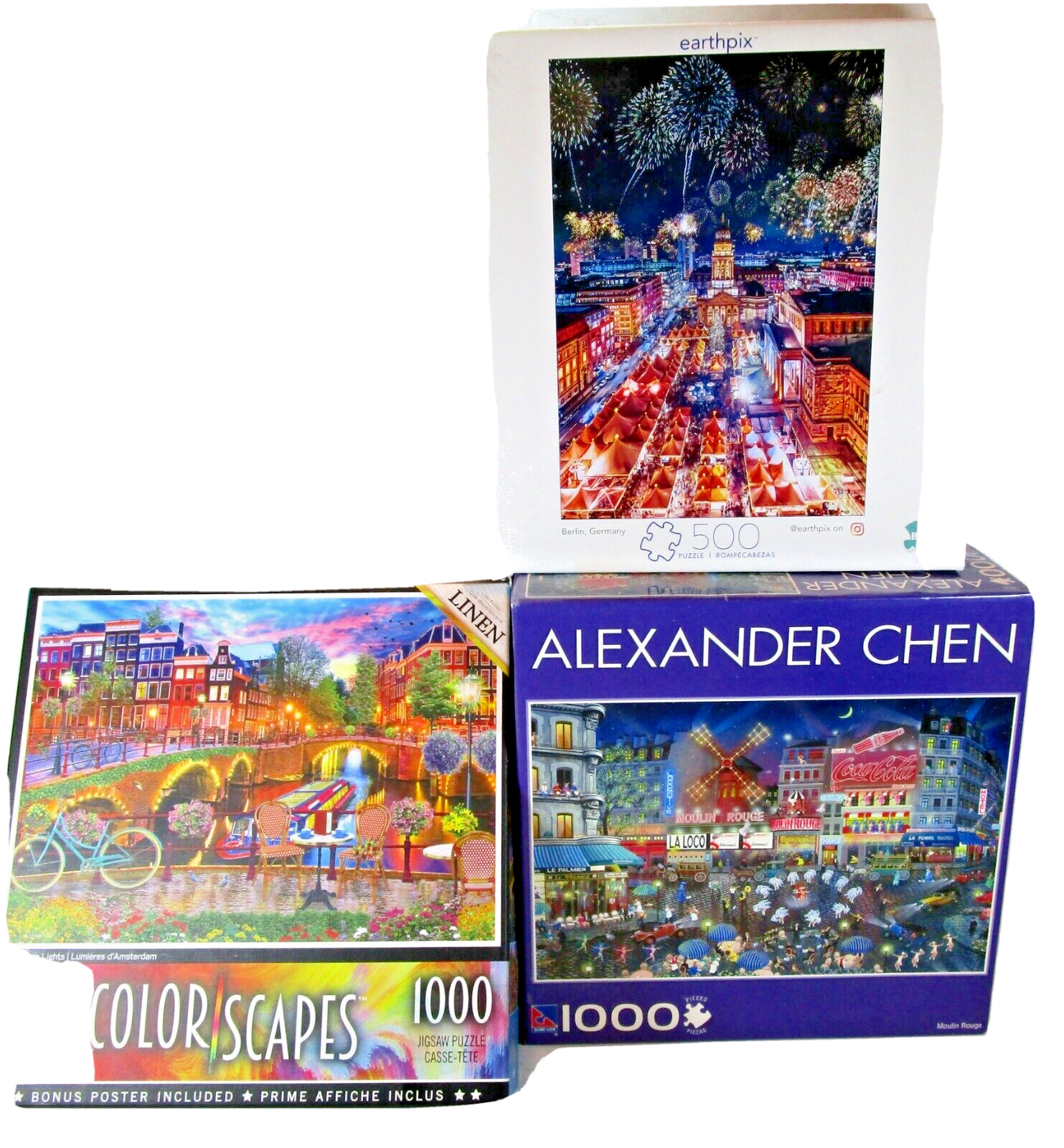 3 Scenic Location Puzzls Amsterdam Lights Moulin Rouge Berlin Germany 500/1000 Ravensburger na