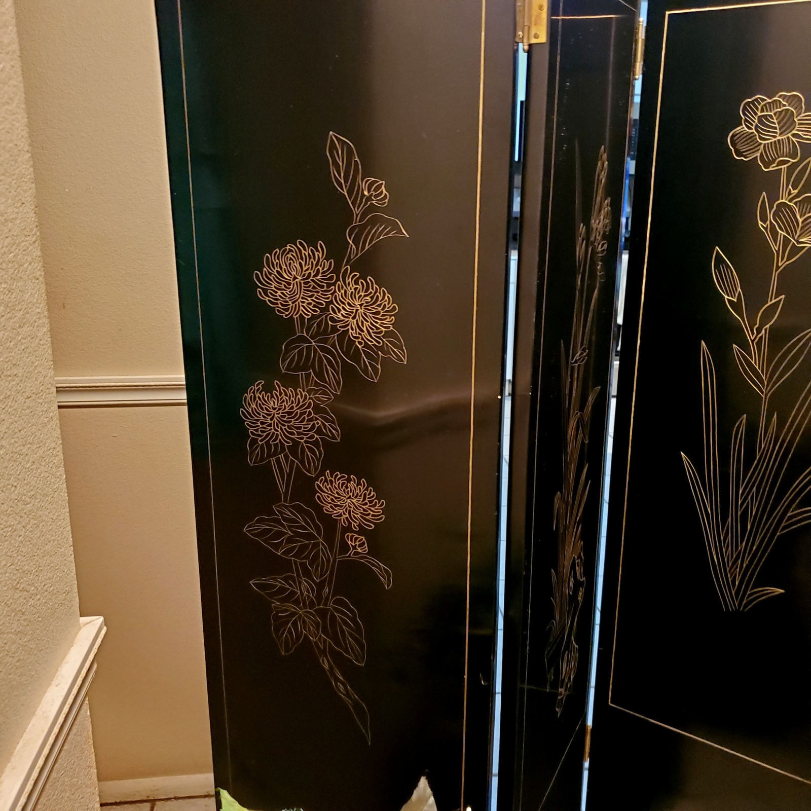 Vintage Wood Folding Room Divider Screen 4 Panel Black Lacquered Chinese Asian Unbranded - фотография #12
