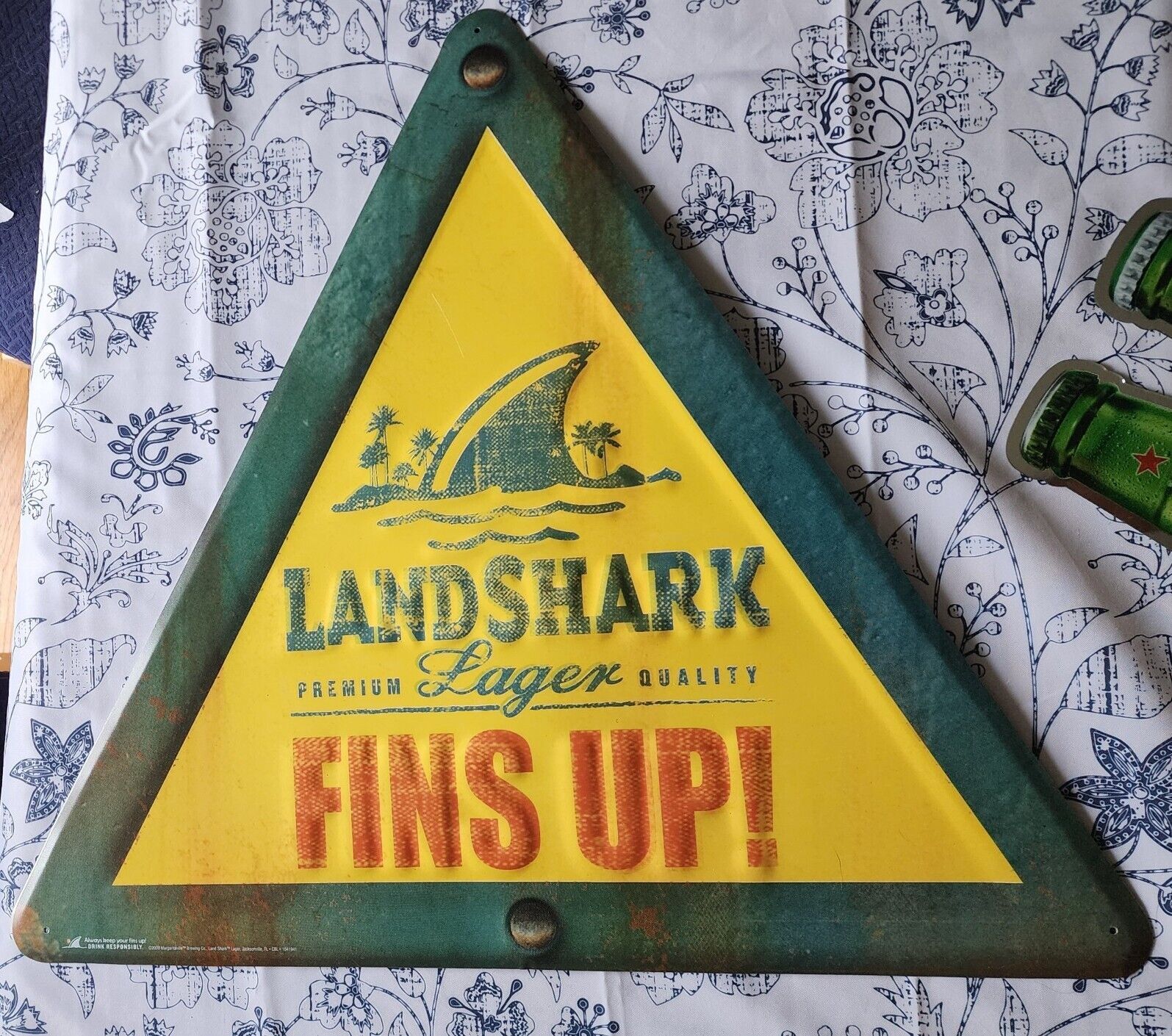 Landshark Lager FINS UP Metal Tin Beer Sign 21"x24" Man Cave Bar Jimmy Buffett  LandShark