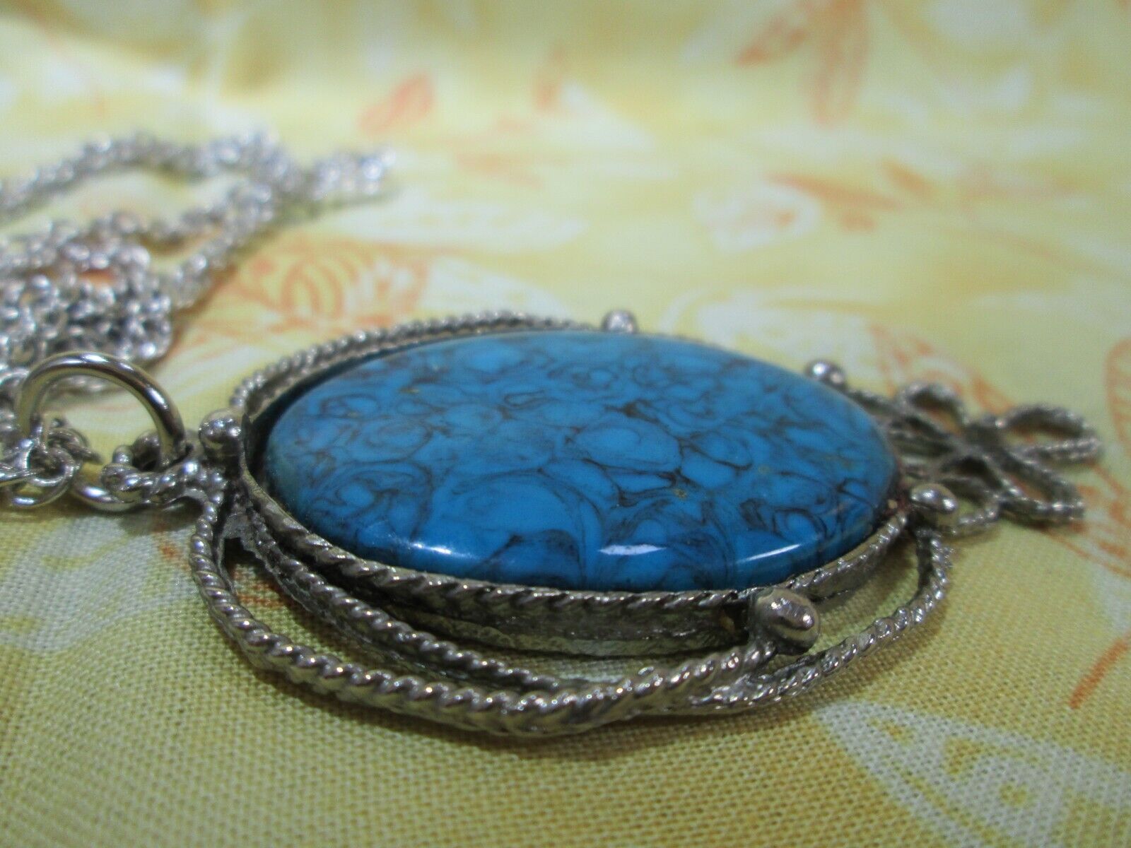 Vintage Large Blue Faux Stone Pendant w/ Silver Plated Rope Chain 28" / 1N Unbranded - фотография #11