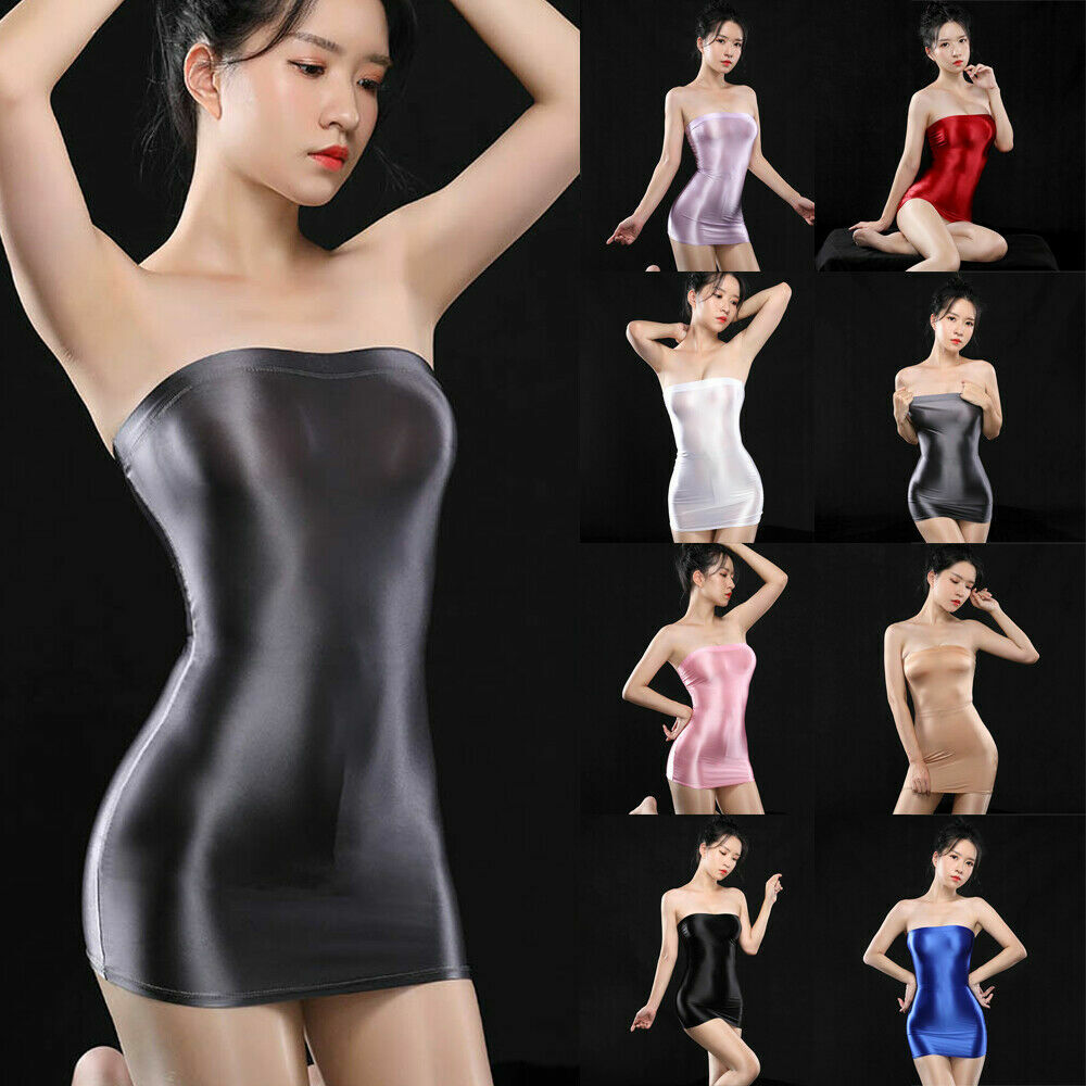 US Sexy Lingerie Women Bodycon Dress Tube Top Mini Dress Shiny Silky Clubwear Unbranded - фотография #6