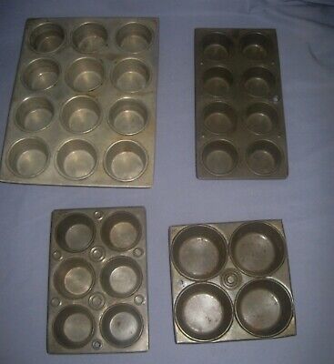 VTG Lot 4 Tin Muffin/Cup Cake Pans Bakeware 4,6,8 and 12 Muffins! Unbranded