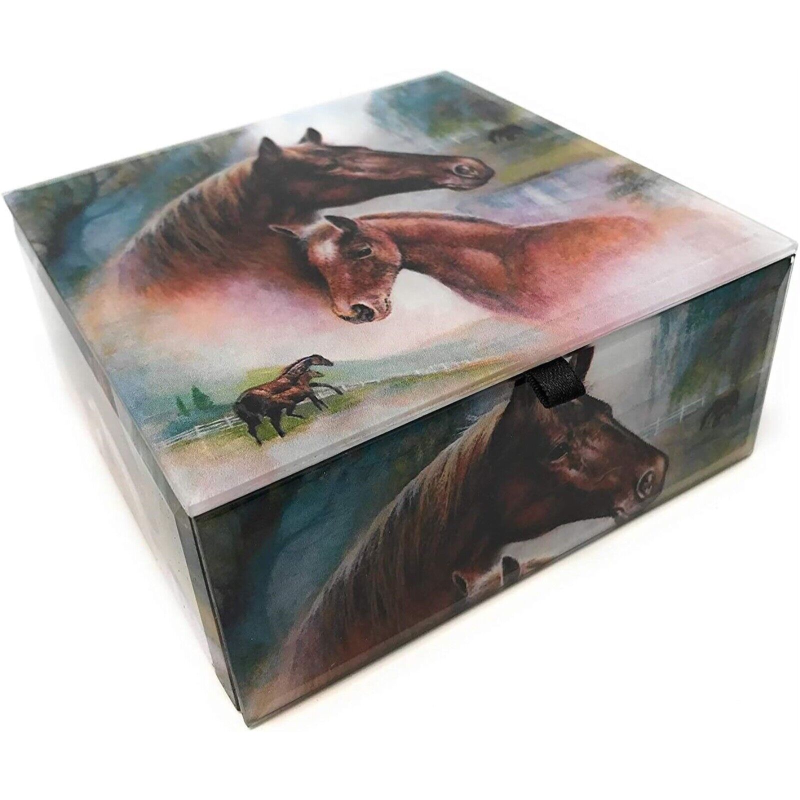 Horse Family Glass Keepsake Trinket Jewelry Box Container Velvet Lined Horses Без бренда