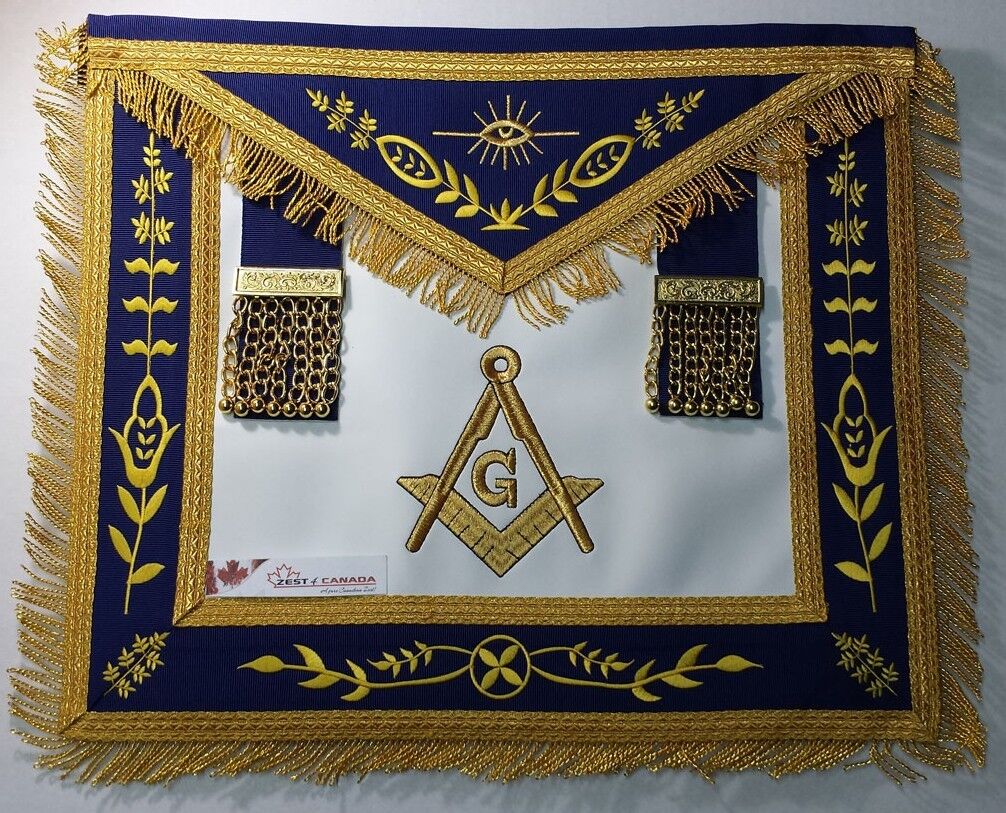 Masonic Master Mason Apron Navy Blue Gold Compass & Square G & Fringe Без бренда