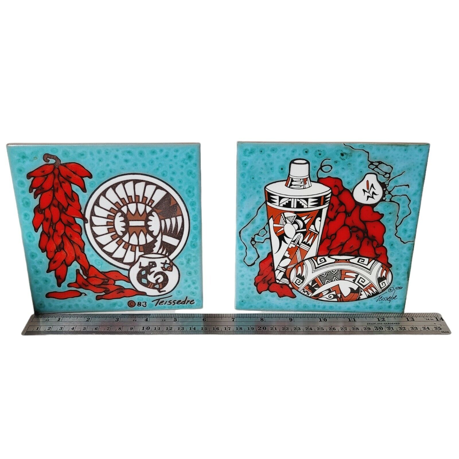 2 Cleo Teissedre Southwest Teal Red Hand Painted Art Tile Trivet Coaster ‘83 ‘90 Cleo Teissedre - фотография #6