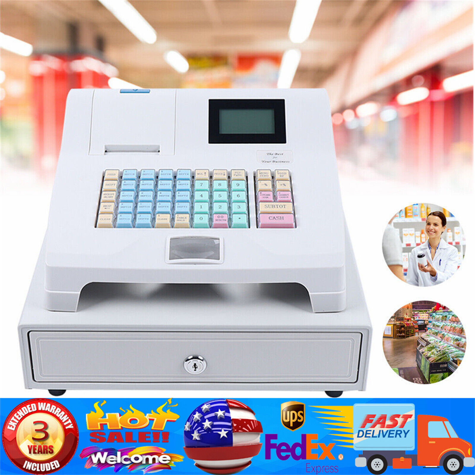 48Key Desktop Electronic Cash Register POS Casher Digital LED Display w/ Drawer Unbranded Does Not Apply