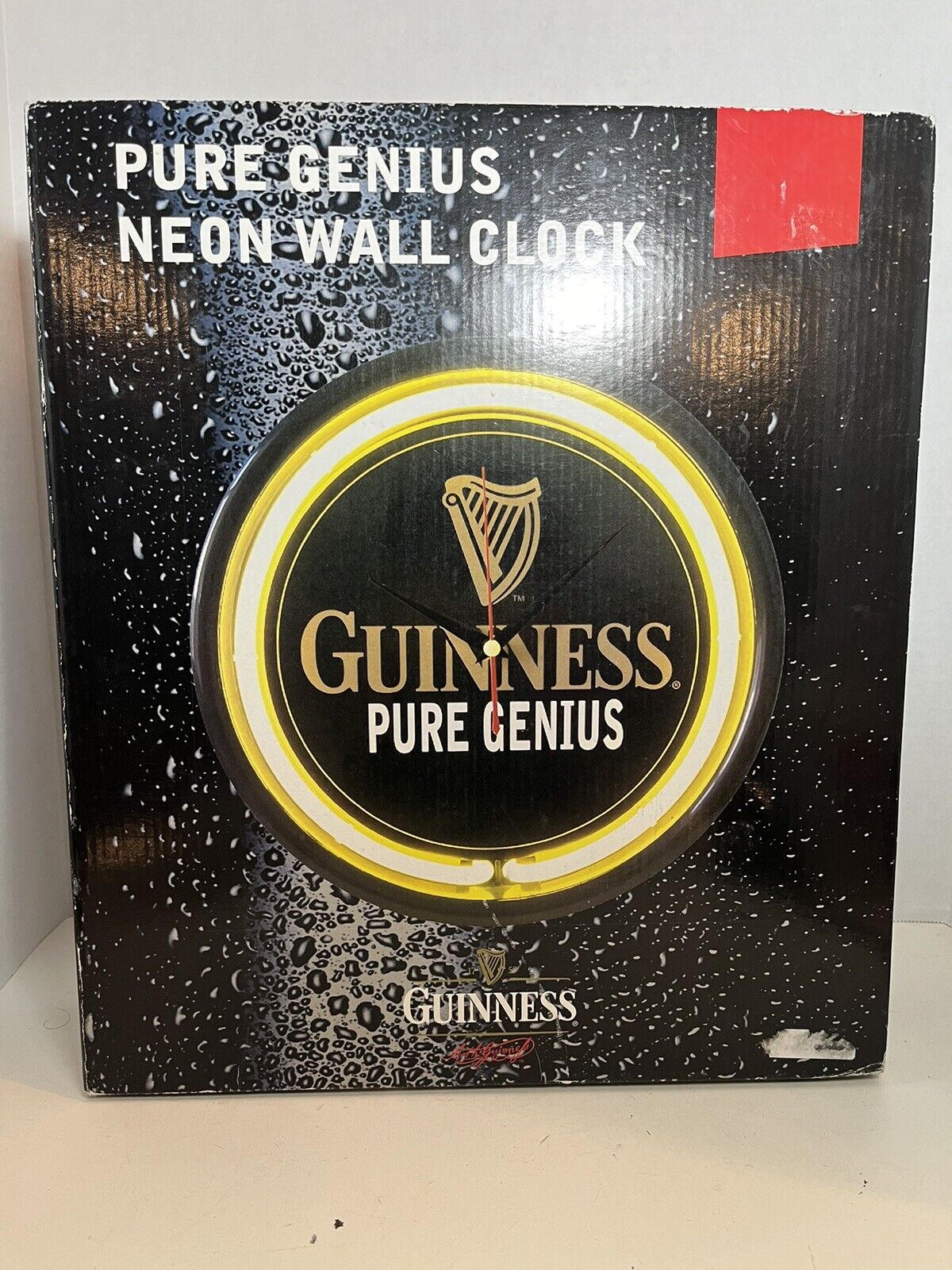 New 11 1/2" Guinness Beer Pure Genius Yellow Neon Wall Clock Bar Man Cave Guinness