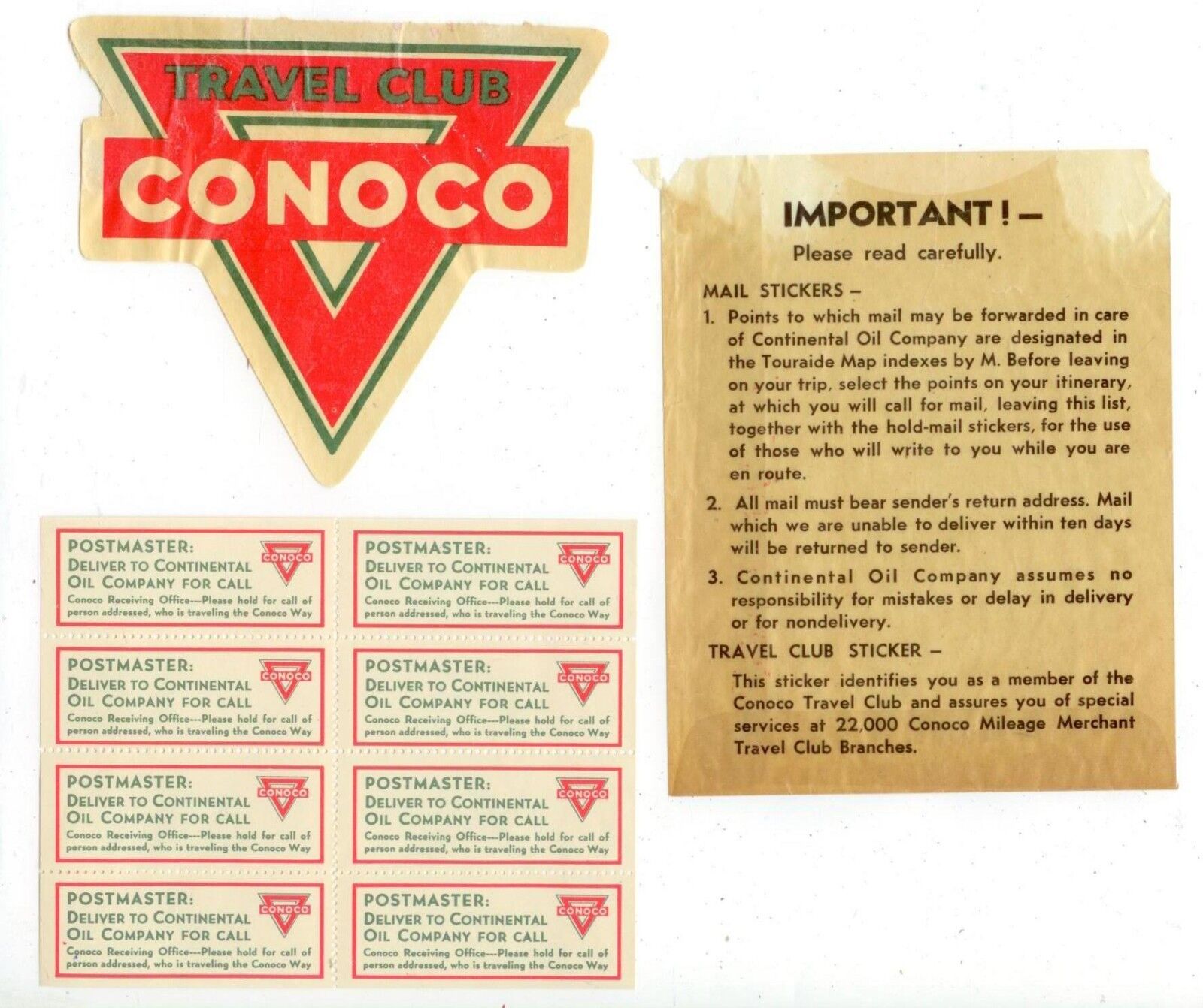c1940 Conoco Travel Club and Postmaster Mail stickers Conoco