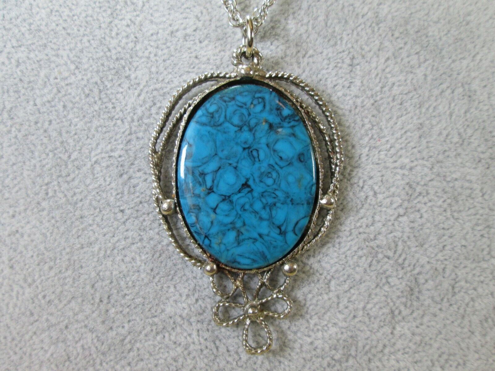 Vintage Large Blue Faux Stone Pendant w/ Silver Plated Rope Chain 28" / 1N Unbranded - фотография #2