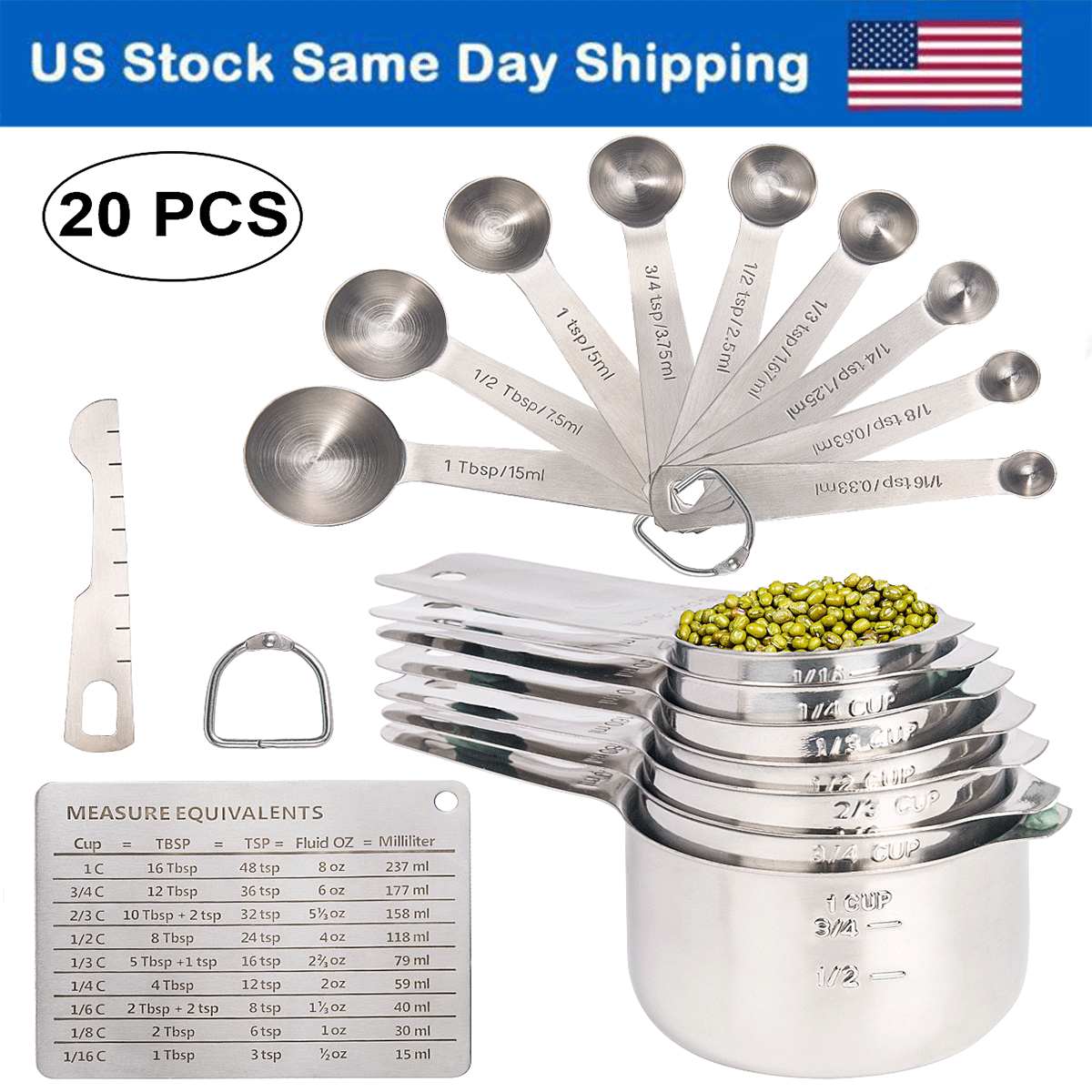20PCS Measuring Cups Measuring Spoons Set Food-Grade Stainless Steel Measure Cup TQS Does not apply