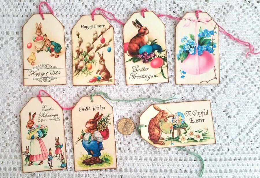 6~Easter~Vintage~Bunnies~Eggs~Fussy Cut~Linen Cardstock~Gift~Hang~Tags~Ornies Без бренда