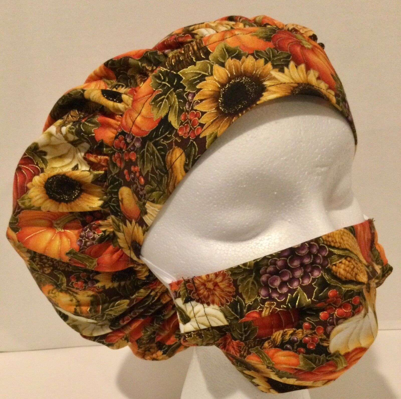 Pumpkin Floral Print Scrub Cap Large Bouffant Medical Surgery Hat Set Handmade