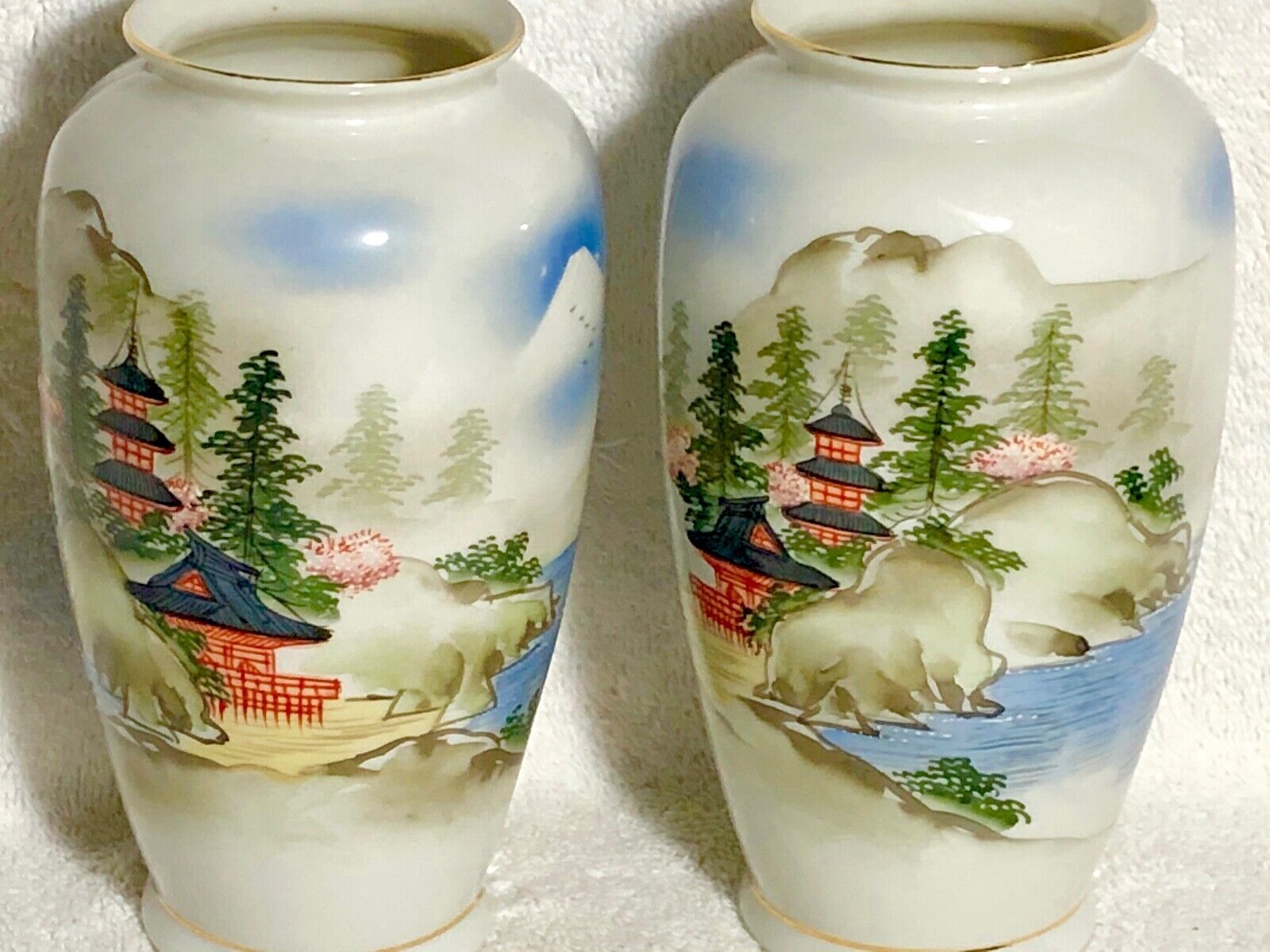 Beautiful Pair Vintage Asian Vases Village Pagoda Scene Fine Porcelain China QQ! Без бренда - фотография #8