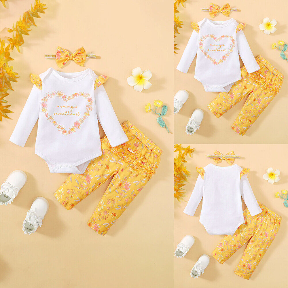 3PCS Baby Girls Long Sleeve Printed Romper Tops Pants Headband Set Infant Outfit Unbranded Does Not Apply