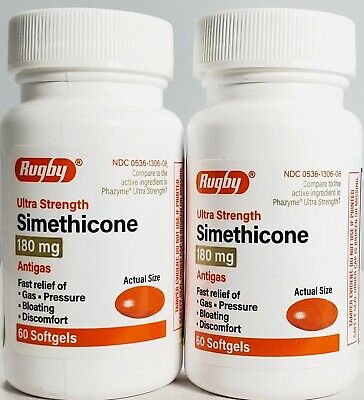 Rugby Simethicone Gas Relief 180mg 60ct -2 Pack (Compare to Phazyme) Exp 01-2025 Rugby