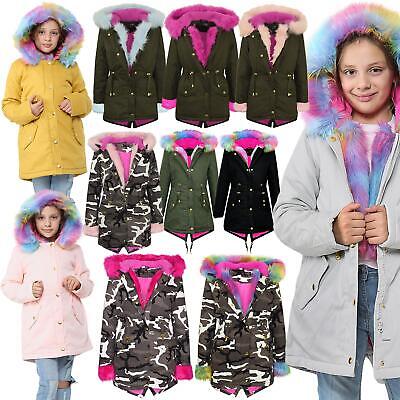 Kids Hooded Jacket Girls Rainbow Fur Parka School Jackets Outwear Coat 7-13 Year A2Z 4 KIDS