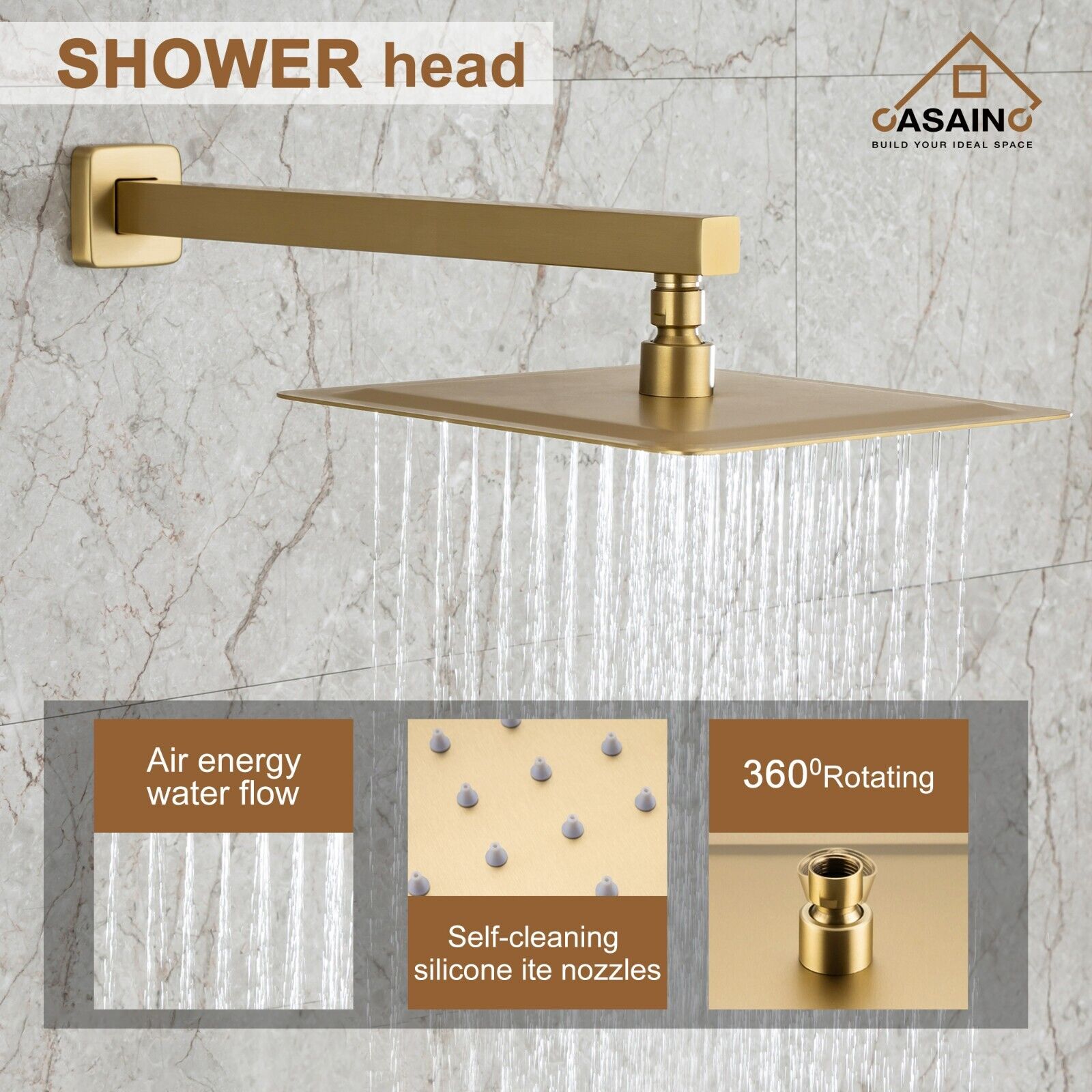 CASAINC Brushed Gold Dual Head Waterfall Shower Bar System with 3-way Diverter CASAINC - фотография #3