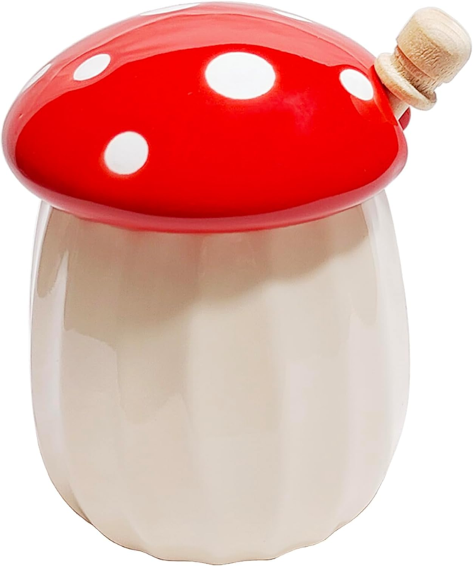 Mushroom Honey Jar with Dipper and Lid Ceramic Honey Pot Honey Container 10Oz (R MaoYaMao