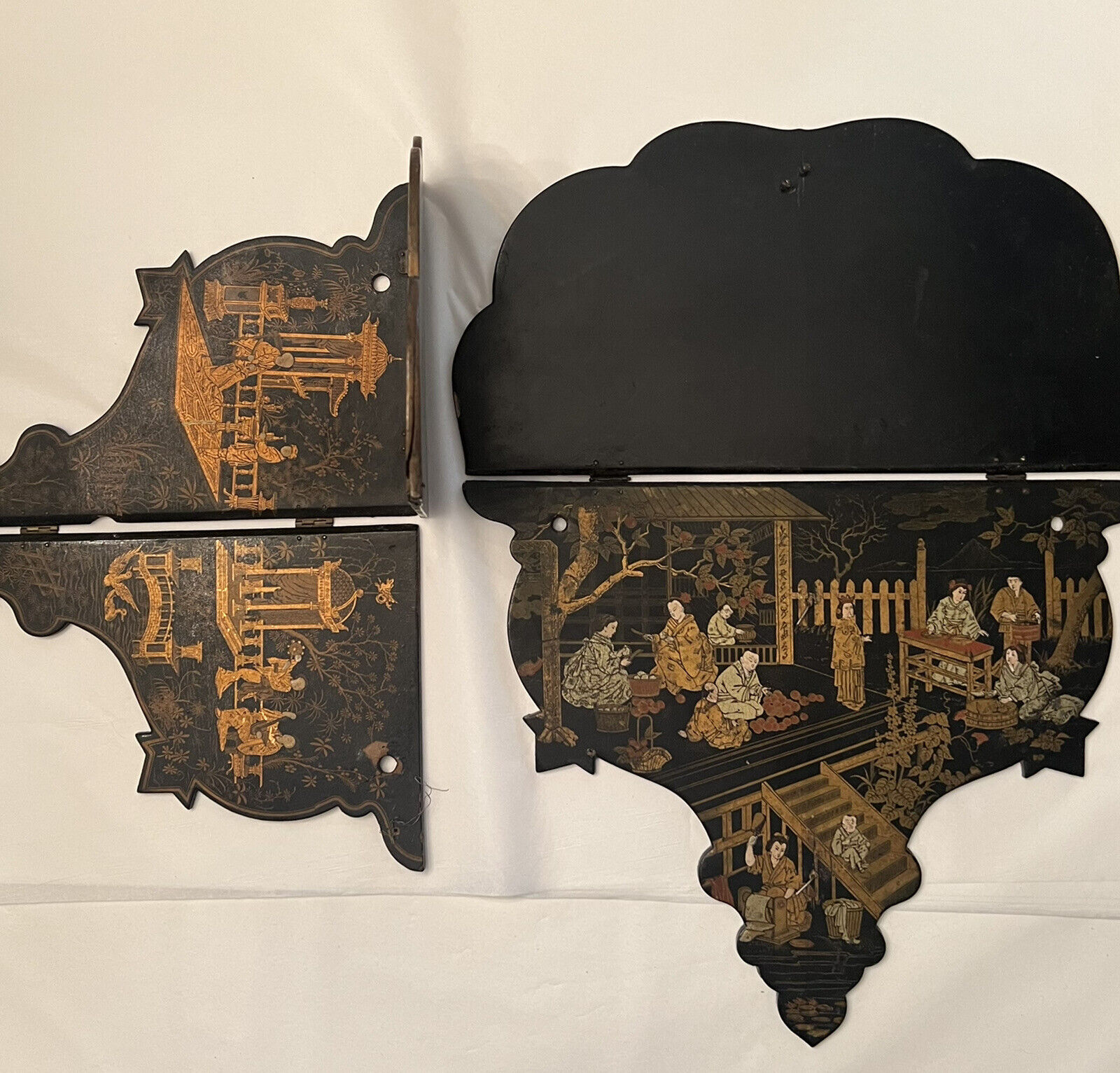 Antique Lacquered Papier Mache Black Chinoiserie Wall Shelf(s) Lot of 2  c. 1900 Без бренда