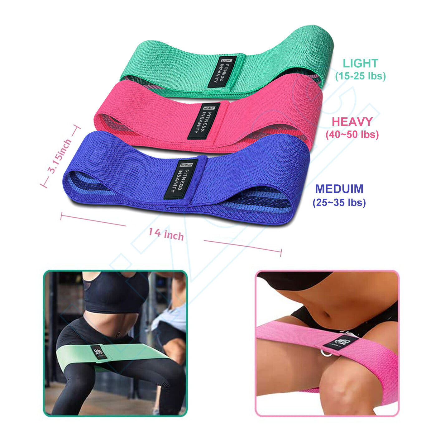 3 Pcs Exercise Workout Gym Fitness Fabric Cloth Resistance Booty Bands Loop Set Lizone 3PRBS - фотография #2