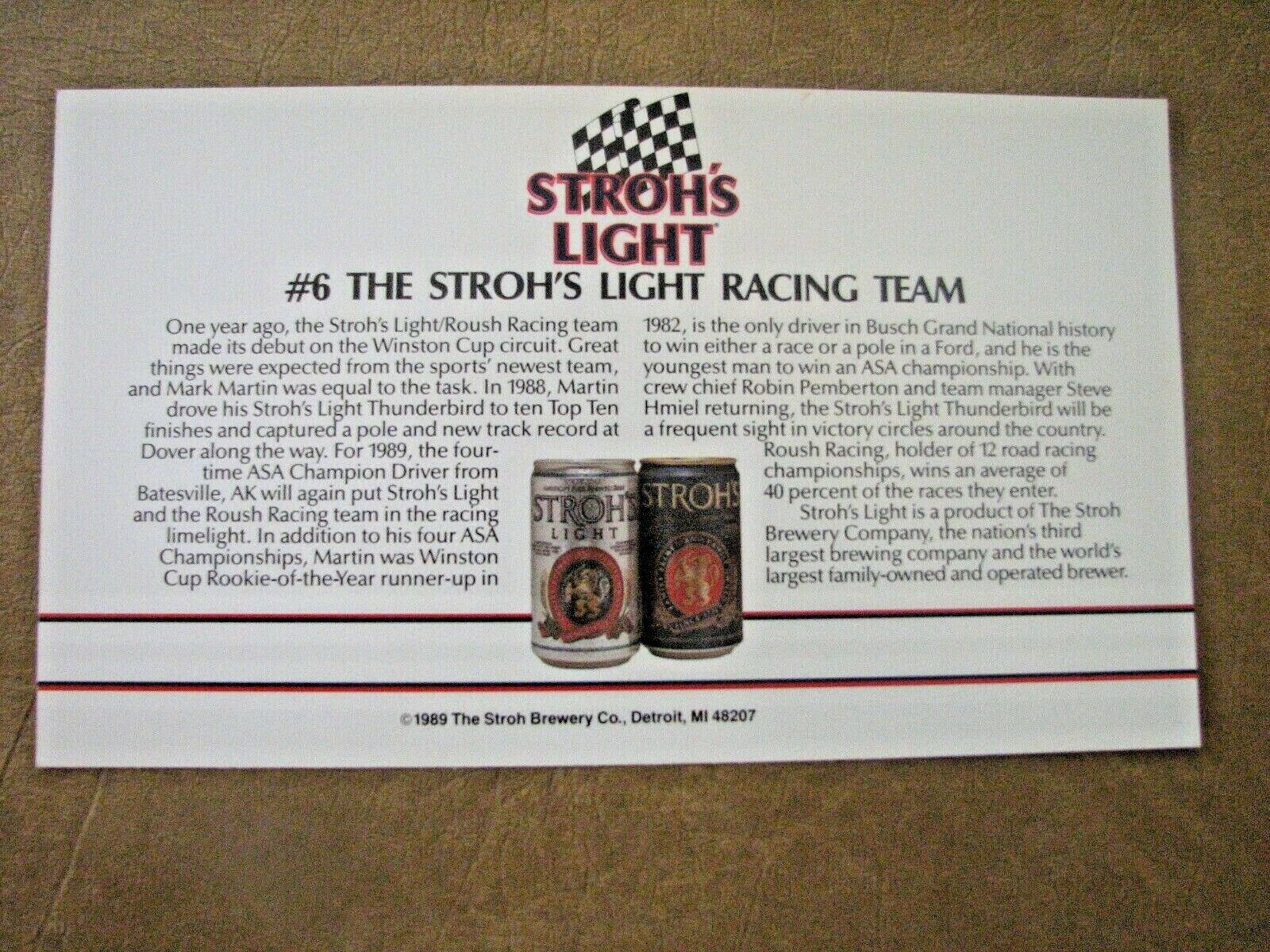 1989 Stroh's Mark Martin #6 Racing Team Photo Card 2 Sided (6 ea in a set) $5.00 Без бренда - фотография #6