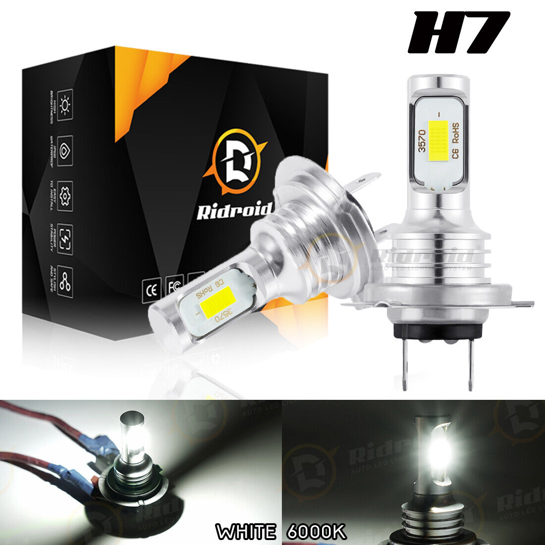 2 LED Headlight Bulbs Conversion Kit H7 High Low Beam Headlamp 6000K Super White Ridroid RDDDWDH7