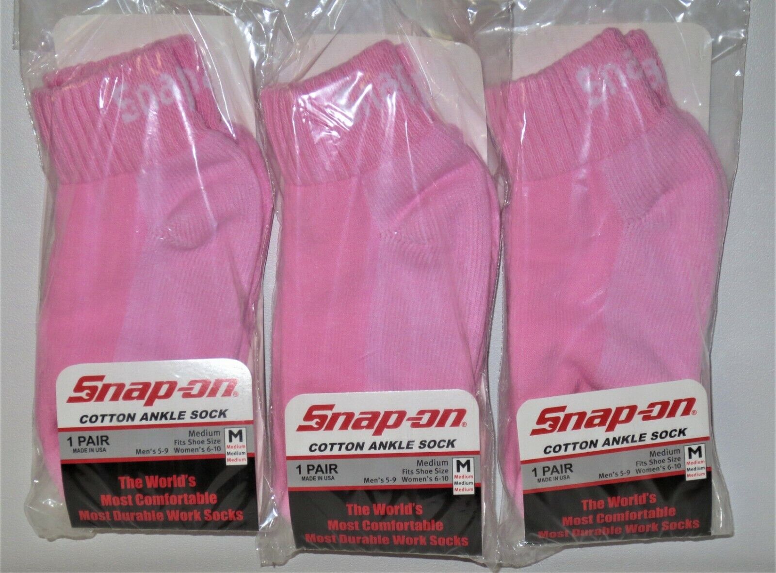 3 PAIRS Snap-On PINK Ankle Socks MEDIUM 6-10 *FREE SHIPPING* MADE IN USA *NEW* Snap-on