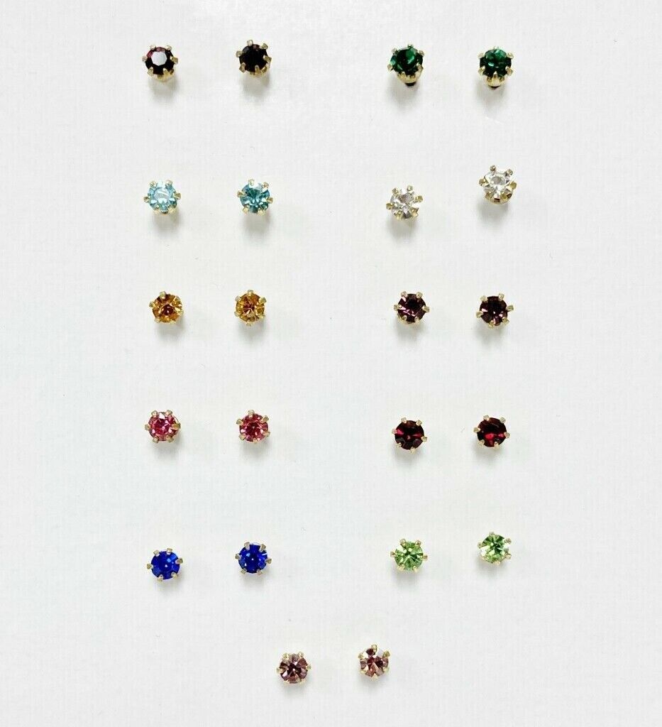 11 PAIRS RHINESTONE BRASS & SURGICAL STEEL STUD EARRINGS - ASSORTED COLORS T839 Unbranded