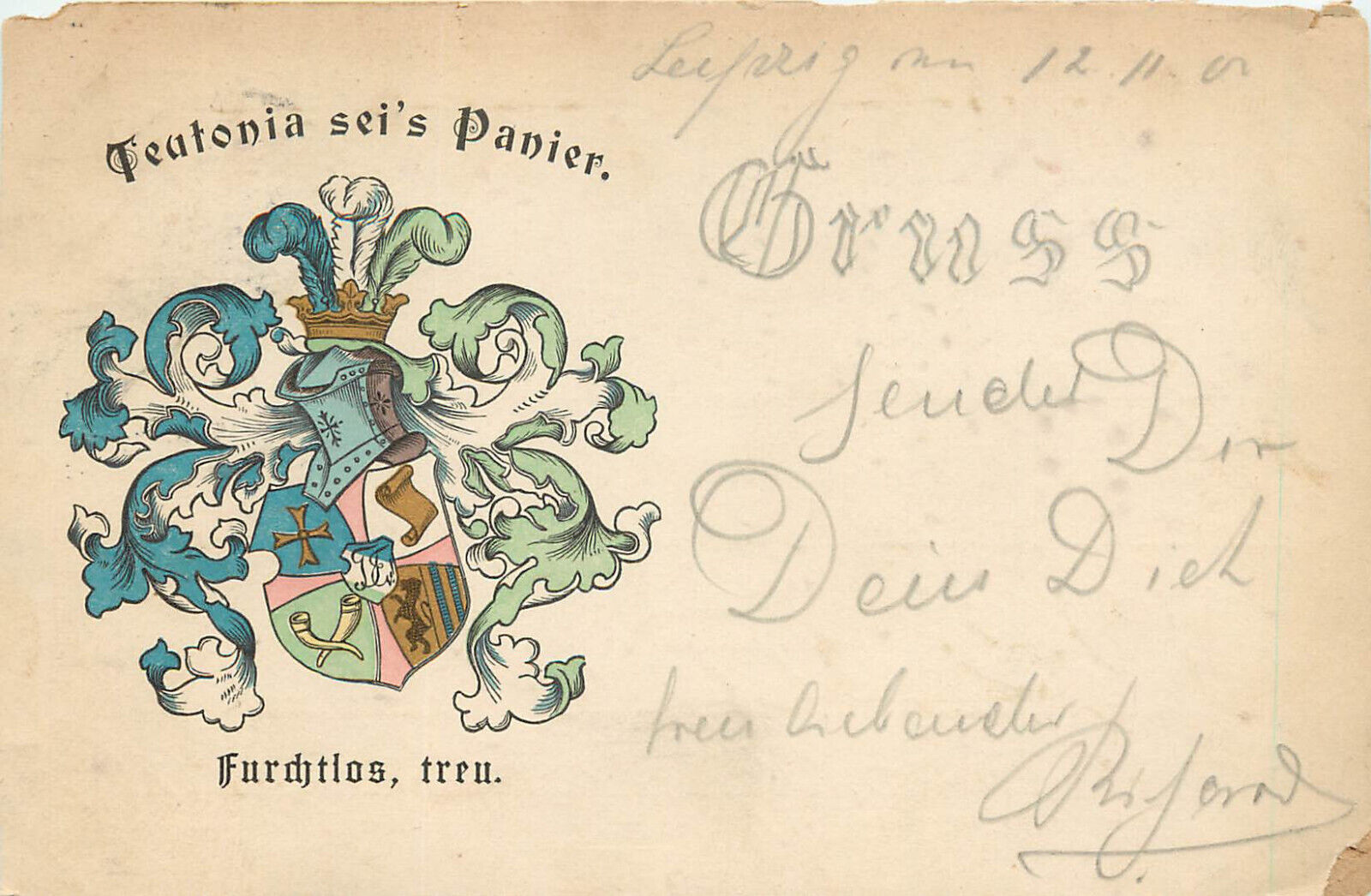 Postcard Teutonia Sei's Panier Gruss Furchtlos Treu German Crest Coat of Arms Без бренда