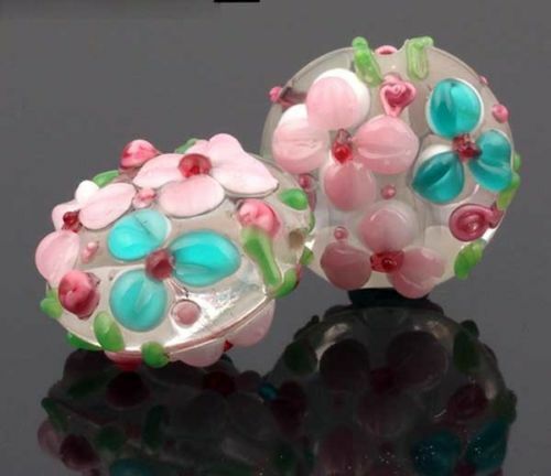 10pcs handmade Lampwork glass Oblate beads pink blue flower 14mm*20mm Handmade