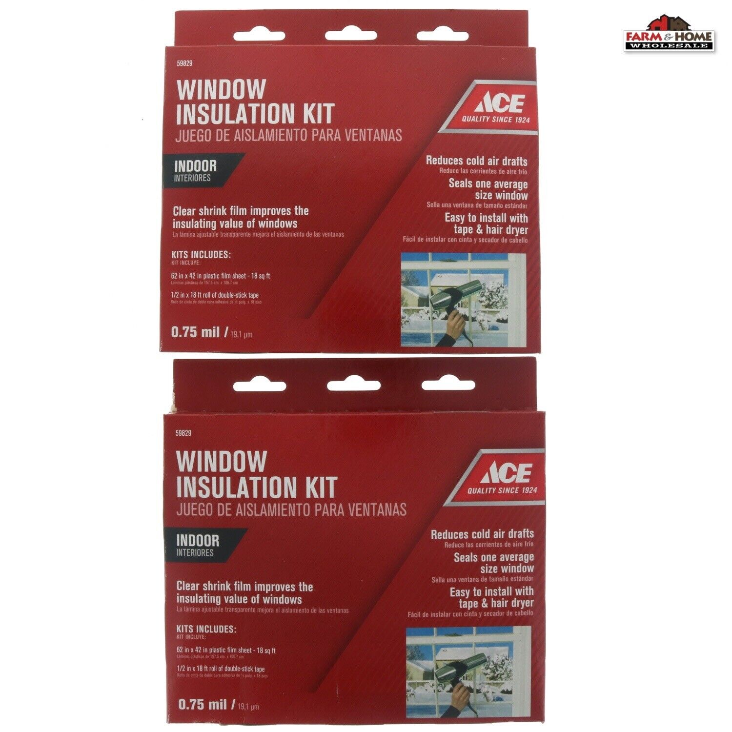 (2) Indoor Window Insulation Kit 0.75 mil Clear Shrink Film ~ New ACE 59829