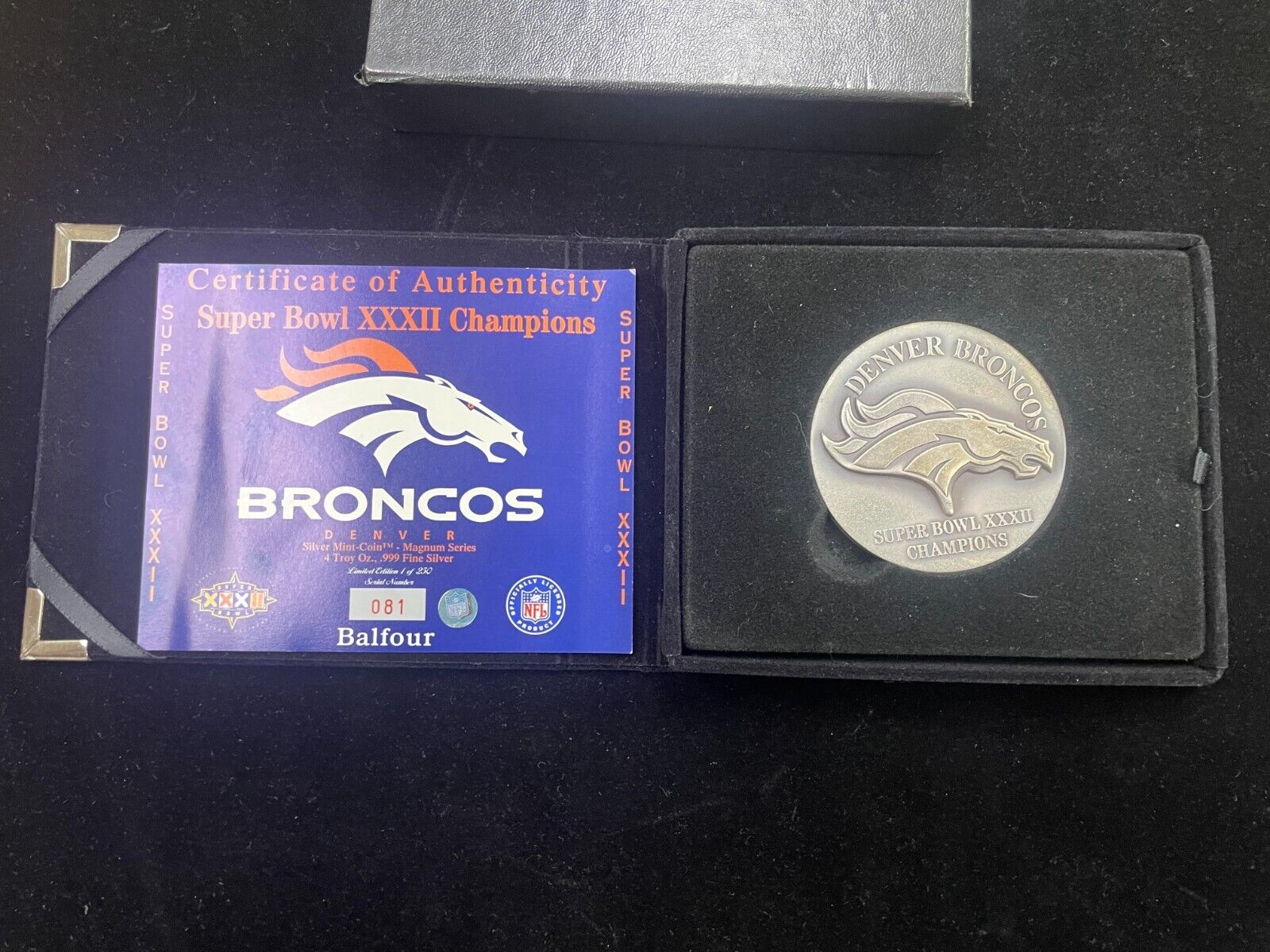 Denver Broncos Super Bowl 32 Champions #81/250  4 troy Oz .999 Silver. Scarce! Без бренда - фотография #4