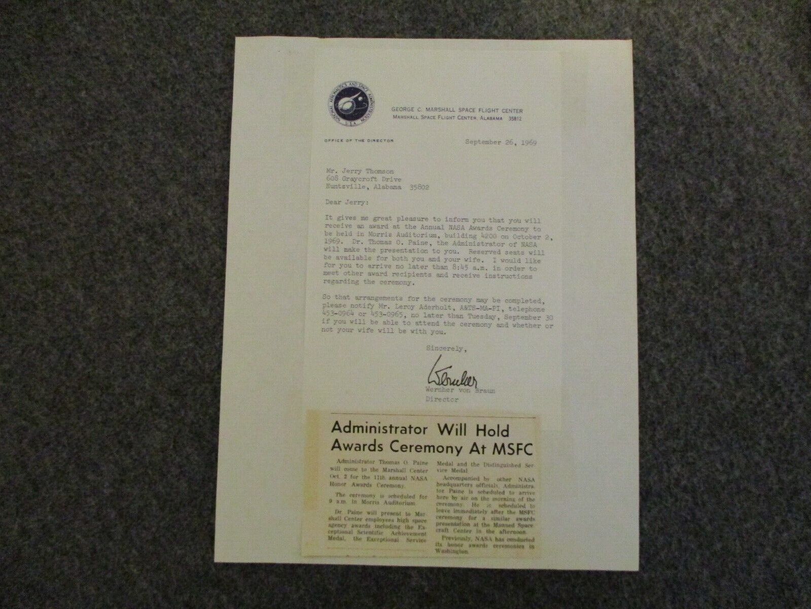 NASA/MSFC APOLLO WERNHER VON BRAUN SIGNED HONOR AWARD LETTER 1969+1ST GEN PHOTOS Без бренда - фотография #2