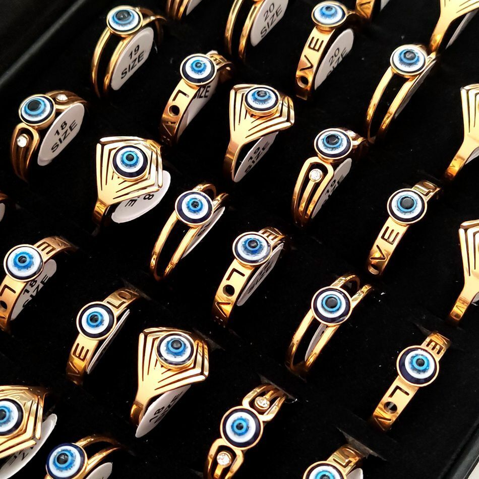 36pcs Vintage Style Stainless Steel Blue Eye Ring Retro Punk Women's Lucky Ring Unbranded - фотография #4