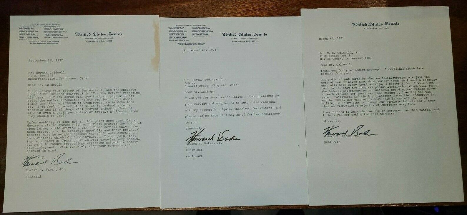 Lot of 3 - US Senator Howard H. Baker Jr. Signed Autographs - Tennessee- 1972-81 Без бренда