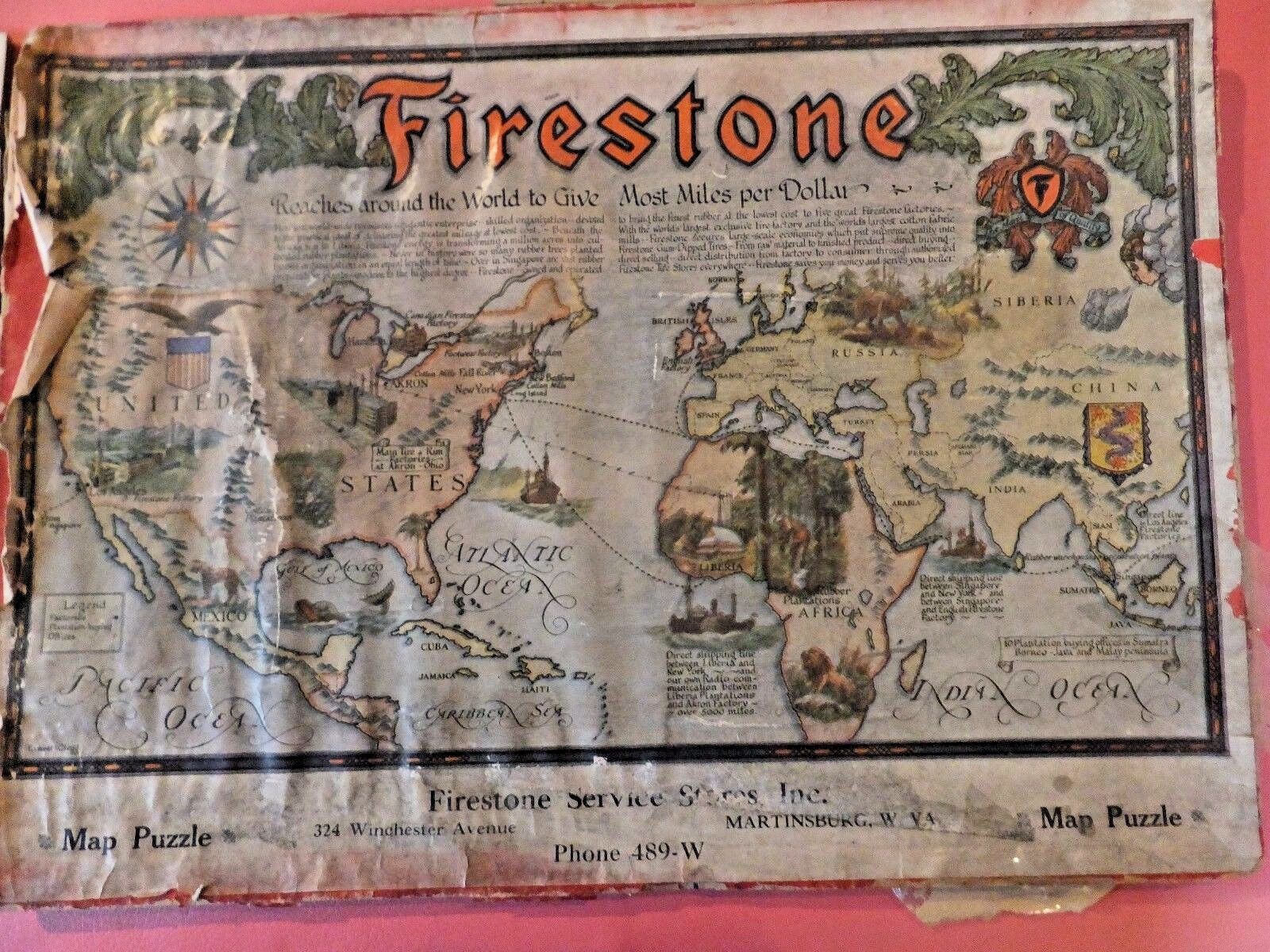 RARE 1920's Firestone Jigsaw Map Puzzle. Firestone Stores, Martinsburg, W. VA.  Без бренда - фотография #3