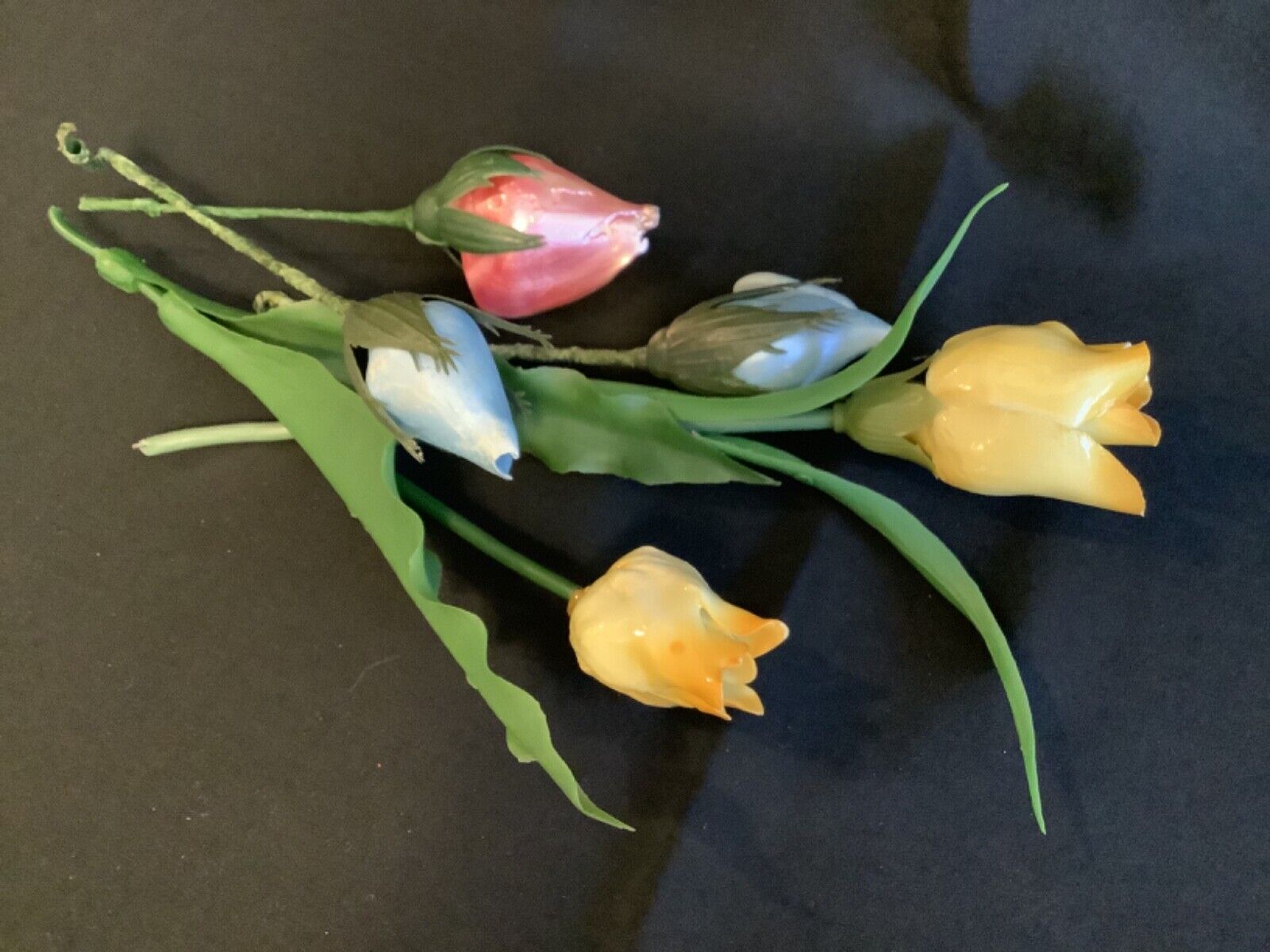 Vintage Porcelain Flowers-Yellow Tulips w/Plastic Stems & 3 Shell Rose Flowers Unknown
