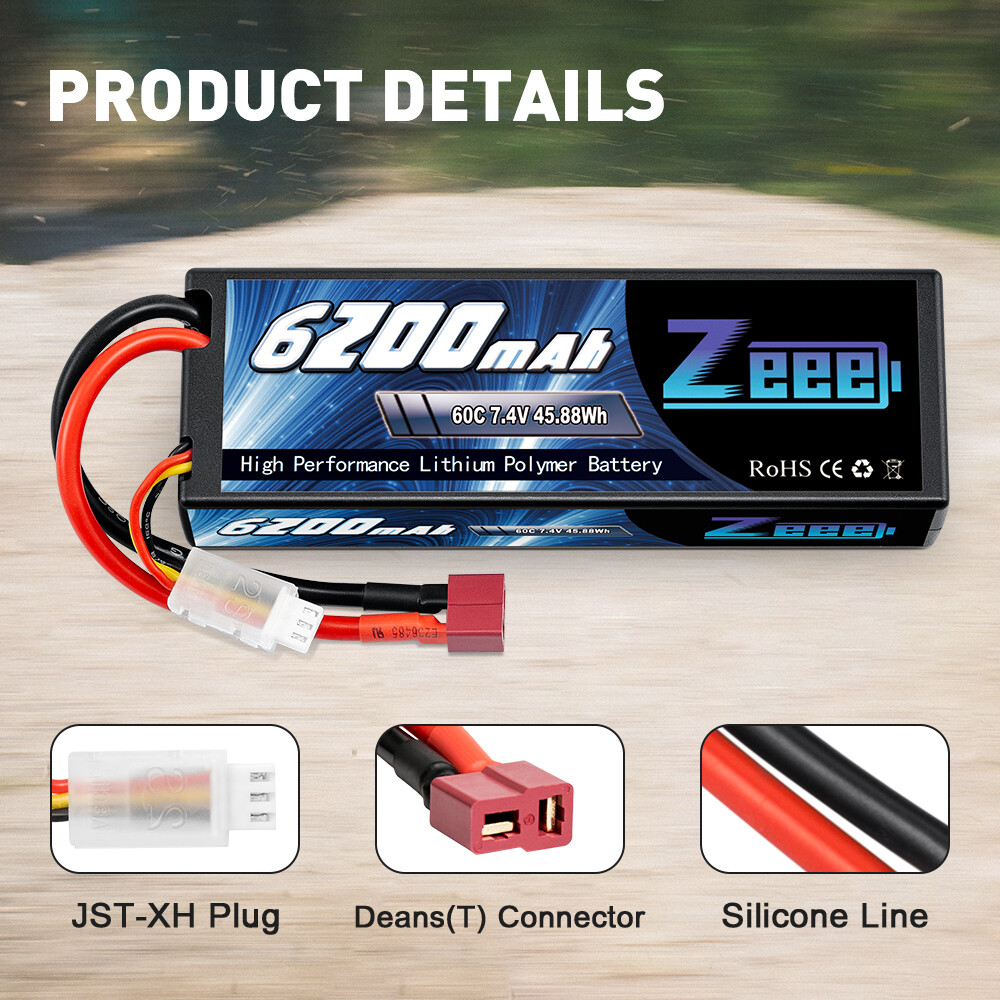 2PCS Zeee 6200mAh 60C 7.4V 2S LiPo Battery Hardcase Deans for RC Car Tank Truck ZEEE Does Not Apply - фотография #2