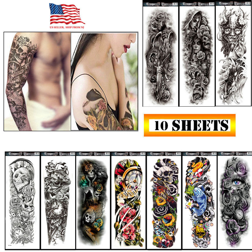 10 Sheets Fake Temporary Tattoo large Full Arm sticker waterproof Black color Unbranded